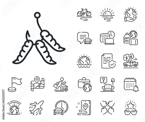 Fishing hook with worms sign. Plane jet, travel map and baggage claim outline icons. Maggots line icon. Fishhook bait symbol. Maggots line sign. Car rental, taxi transport icon. Place location. Vector