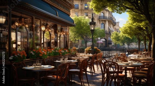 French Bistro-Style Cafe with Marble-Topped Tables and Wrought Iron Chairs Offers View of Bustling Street