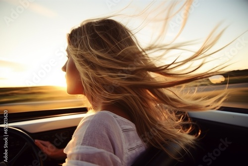 Young blonde european Caucasian girl dreaming woman thoughtful lady calm peaceful female driving car on road sunset golden hour beach seaside holiday summer vacation ocean waves relaxed contemplate