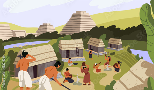 Ancient Mayan village with huts. Maya civilization life. Native American, Indian tribe cooking, working. Aztec pyramids, religion. Mexican landscape with tribal buildings. Flat vector illustration