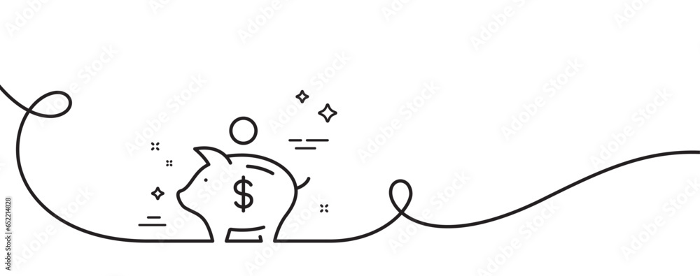 Piggy bank line icon. Continuous one line with curl. Coins money sign. Business savings symbol. Piggy bank single outline ribbon. Loop curve pattern. Vector