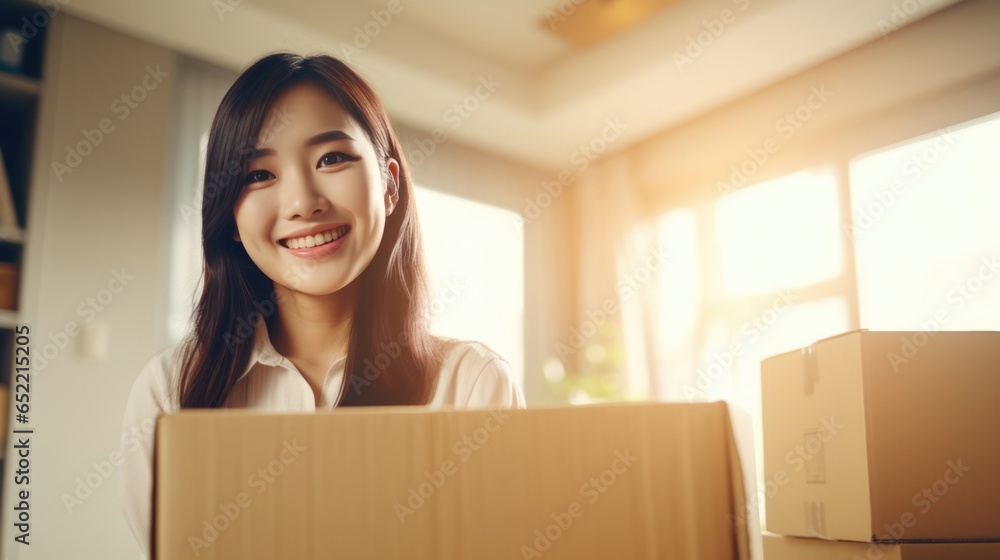 Young Asian woman carrying boxes into new house, moving to new comfortable house or apartment with happiness. Young Asian woman carrying boxes into new house, moving to new comfortable house or apartment with happiness.