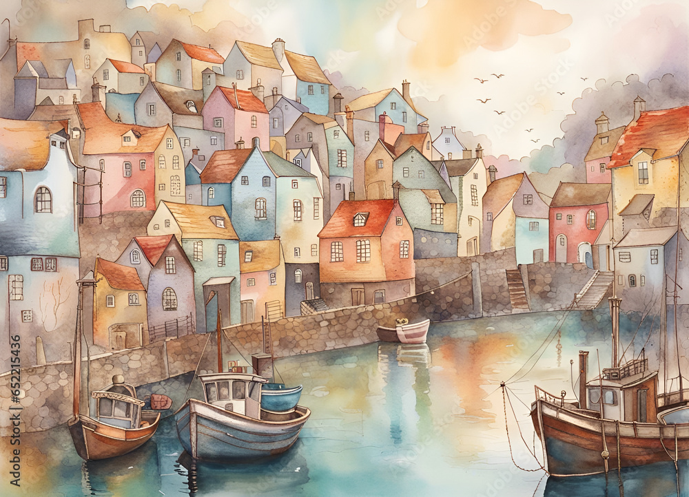 Picturesque seaside village with colourful houses hugging a charming bay with traditional fishing boats. Summer seasonal wallpaper background. Digital illustration. Amazing CG landscape