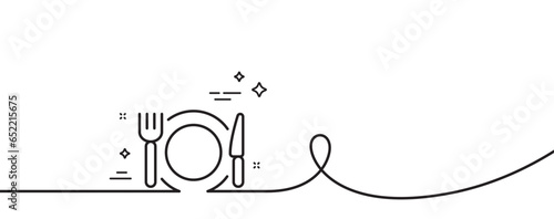 Restaurant food line icon. Continuous one line with curl. Dinner sign. Hotel service symbol. Restaurant food single outline ribbon. Loop curve pattern. Vector