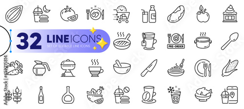 Outline set of Romantic dinner, Coffee cup and Spoon line icons for web with Saucepan, Seafood, Doppio thin icon. Ice cream, Gluten free, Brazil nut pictogram icon. Ice maker, Tea, Fast food. Vector