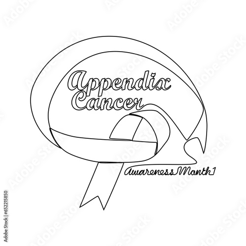 One continuous line drawing of appendix cancer awareness month with white background. Awareness ribbon design in simple linear style. healthcare and medical design concept vector illustration.