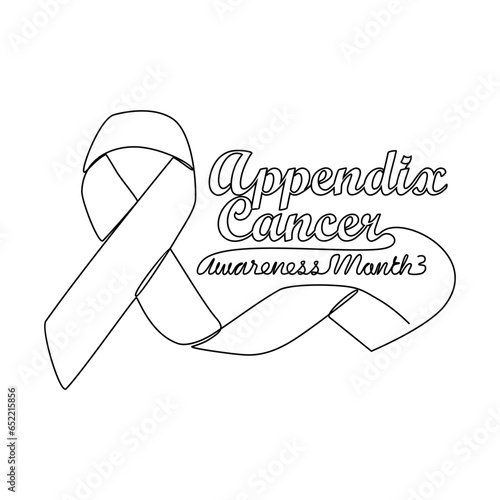 One continuous line drawing of appendix cancer awareness month with white background. Awareness ribbon design in simple linear style. healthcare and medical design concept vector illustration.