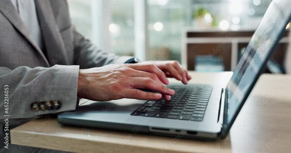 Hands typing, laptop and keyboard at desk, email communication or data analytics in writing process. Business person, computer and click for research, analysis and copywriting on website in workplace Hands typing, laptop and keyboard at desk, email communication or data analytics in writing process. Business person, computer and click for research, analysis and copywriting on website in workplace