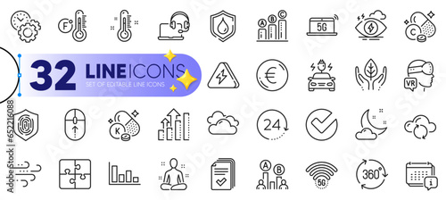 Outline set of Calendar, Cloud sync and Fair trade line icons for web with 5g notebook, Lightning bolt, Consult thin icon. Euro money, 5g wifi, Graph chart pictogram icon. Car charging. Vector