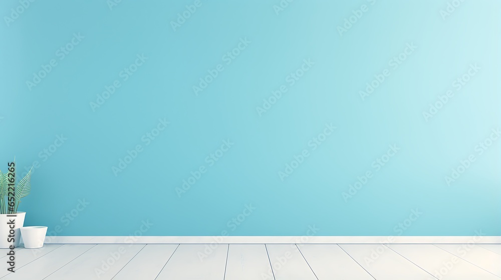 Empty blue room with a wooden floor and Wooden Wall textured Background, Interior design, 3D illustration, white blank wall.