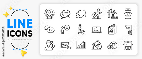 Inflation, Salary and Bus line icons set for app include Phone payment, Pin, Scroll down outline thin icon. Businessman run, Chat message, Microscope pictogram icon. Text message. Vector