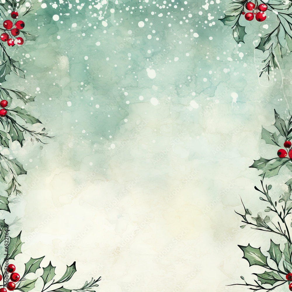 Christmas frame with red holly leaves. Delicate watercolor. Generative AI