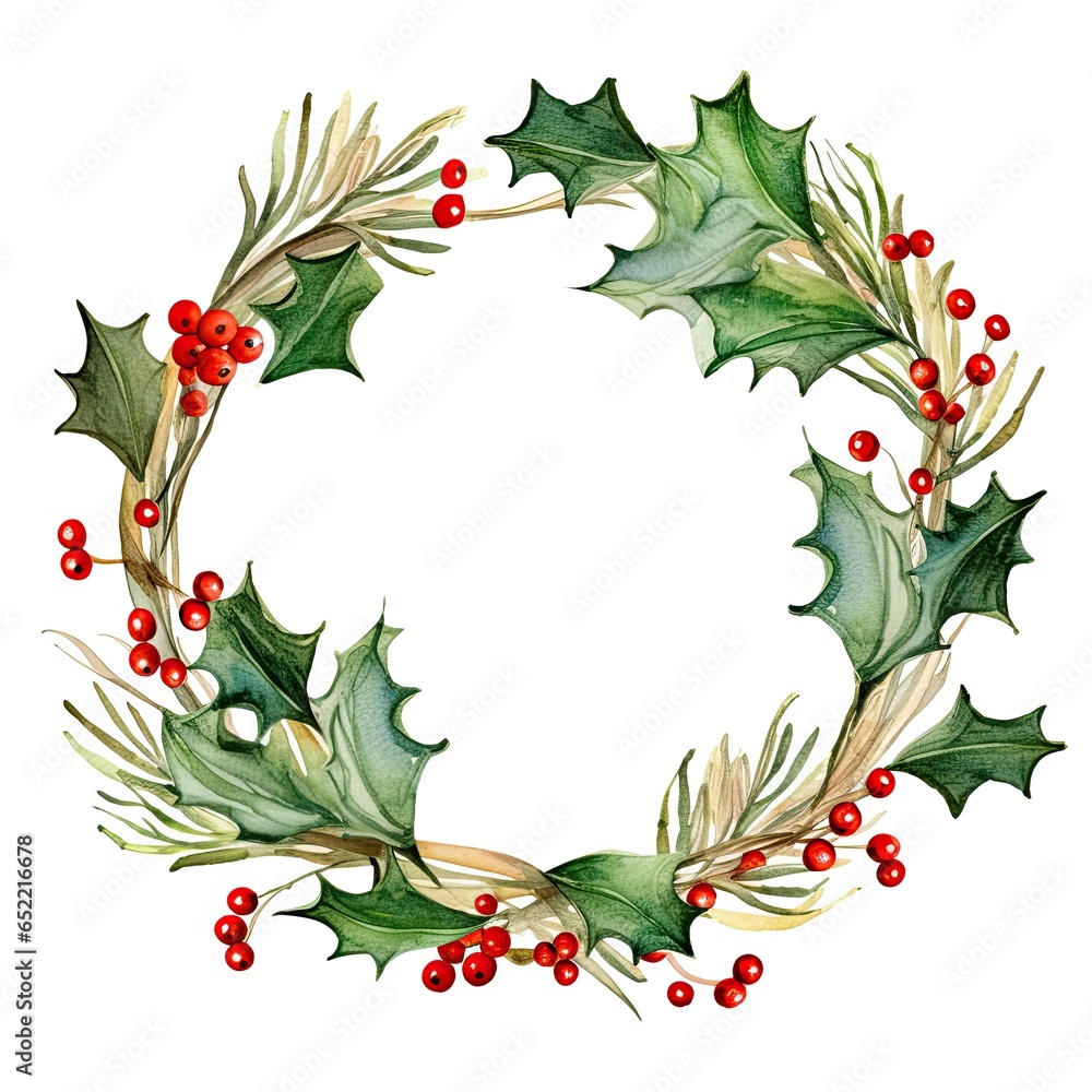 Christmas frame with red holly leaves. Delicate watercolor. Generative AI Christmas frame with red holly leaves. Delicate watercolor. Generative AI