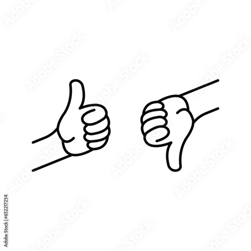black thumbs up and thumbs down icon. concept of super or sure client recall and learning mistake. contour flat style trend modern outline simple logotype graphic thin line design isolated on white