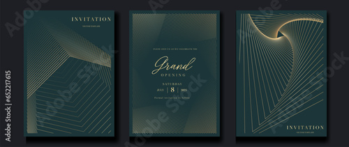 Luxury invitation card background vector. Golden elegant geometric shape, gold lines gradient on green background. Premium design illustration for gala card, grand opening, party invitation, wedding.