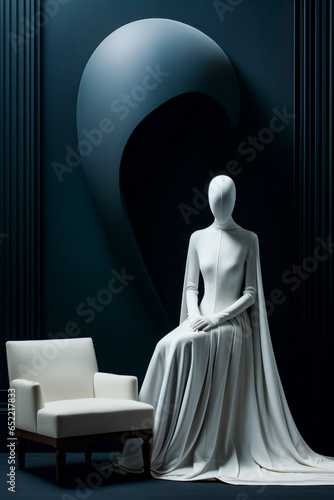 White chair sitting next to white mannequin.