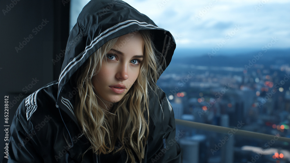 Super Model mit Fashion Kaputzenjacke Nahaufnahme im Querformat für Banner, ai generativ Super Model mit Fashion Kaputzenjacke Nahaufnahme im Querformat für Banner, ai generativ