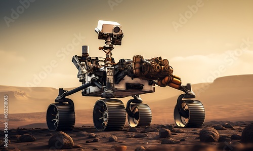 explorer robot on outer space planet, generative ai photo