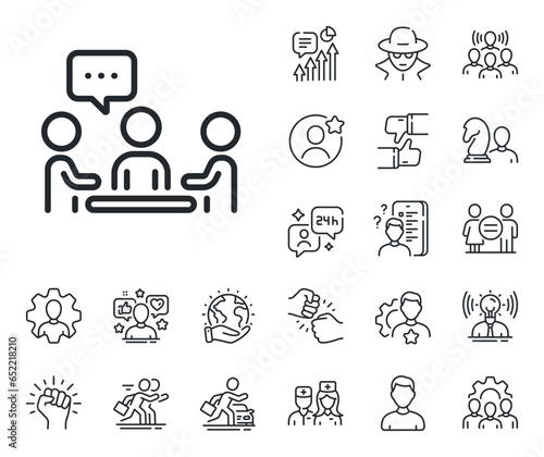 Business seminar sign. Specialist, doctor and job competition outline icons. People chatting line icon. Job meeting symbol. People chatting line sign. Avatar placeholder, spy headshot icon. Vector