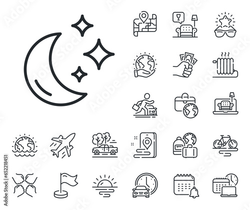 Sleep rest sign. Plane jet, travel map and baggage claim outline icons. Moon line icon. Night lunar symbol. Moon line sign. Car rental, taxi transport icon. Place location. Airport lounge. Vector