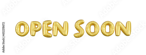 Gold balloons business header. Open soon advertising symbol letter 3d vector.