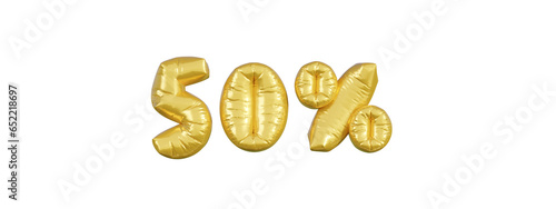 Gold balloons business header. 50 percent advertising symbol letter 3d vector.