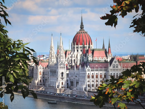 Hungarian Parliament and Danube in Budapest with daylight. Sunny day. Concetp: Visit Budapest