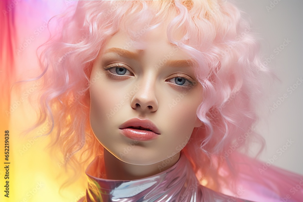 Young woman wearing pink hair, purple and pink light up. The color pink in a blonde girl, in the style of avant-garde futurism. Contemporary candy-coated, sci-fi inspired futurism.
