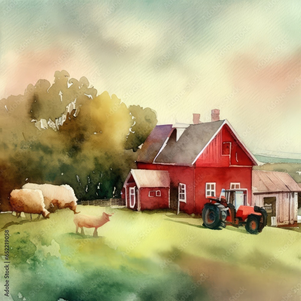 Watercolor landscape of farm animals in creative farm AI design. Stock ...
