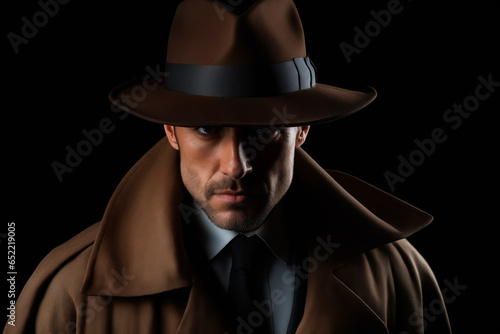 Man in trench coat and hat with black background.