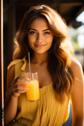 Woman holding glass of orange juice and straw.