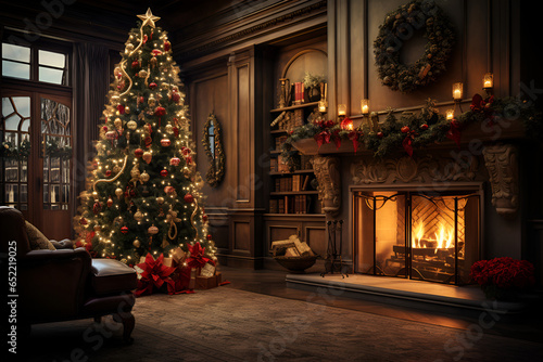 A cozy living room with a fireplace, a Christmas tree and gifts 3