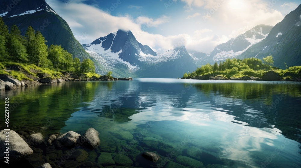 enchanting natural beauty of Norway's fjords and mountains in a captivating image. serenity of Nordic wilderness. allure of untamed nature.