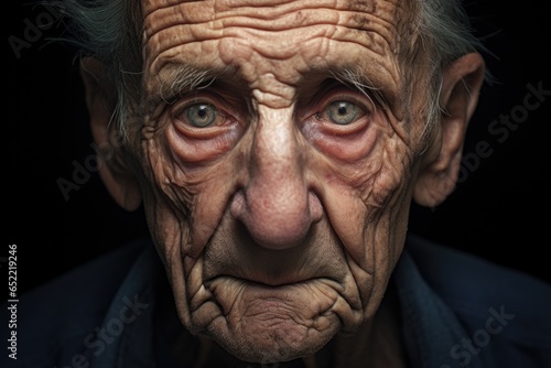 Portrait of old elderly upset unhappy man with a wrinkled face living alone.