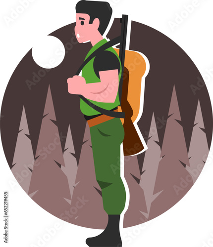 Illustrazione di un cacciatore con abbigliamento mimetico, un fucile a spalla, nella foresta, di notte photo