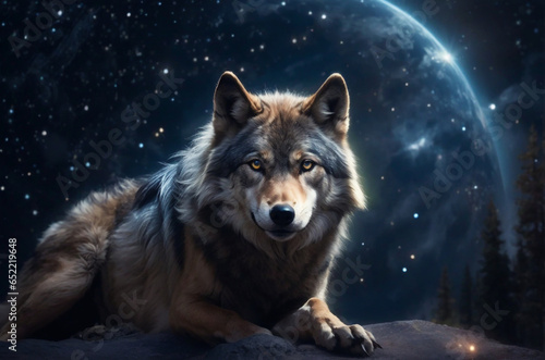 wild wolf with outer space background