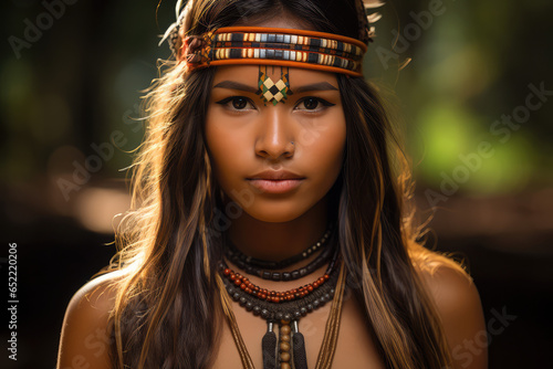 Indigenous Brazilian young woman, Portrait of guarani ethnicity photo