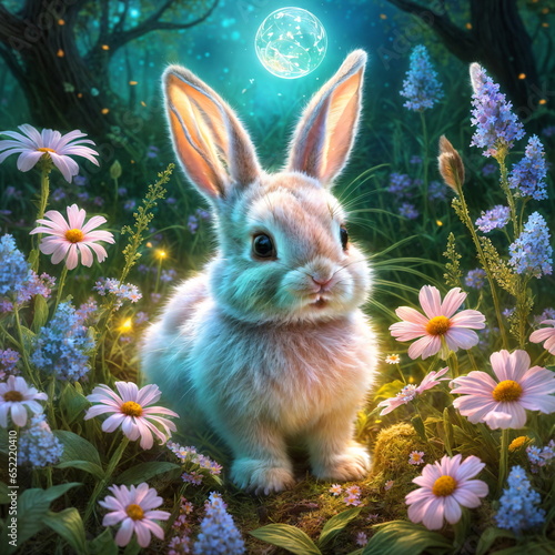 Whimsical Wonderland: White Rabbit Amidst Daisies and Purple Blooms