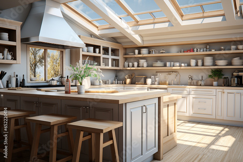modern interior of an open kitchen in a light style with panoramic windows
