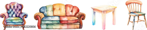 Set of watercolor sofas, tables, chairs on white background.