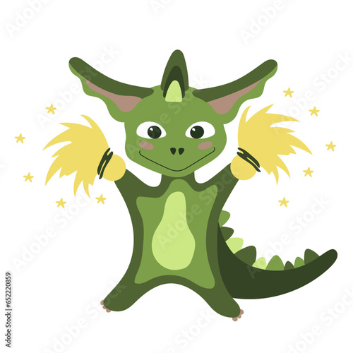 Green dragon with Cheerleading pompoms. Christmas dino, Chinese New Year 2024