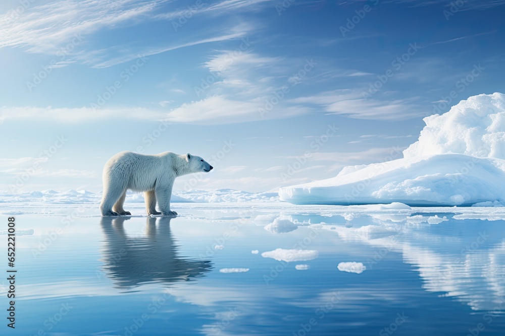 Lonely polar bear standing on an ice floe with blue colors and cool tones. Generative AI