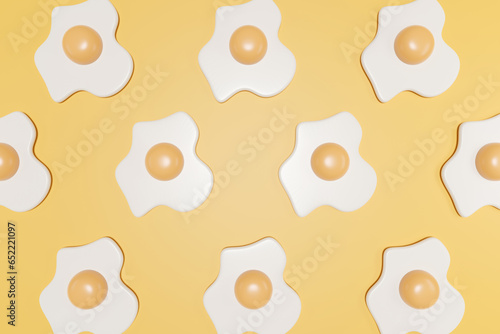 3D fried egg seamless background, 3D rendering random pattern egg on yellow pastel background.