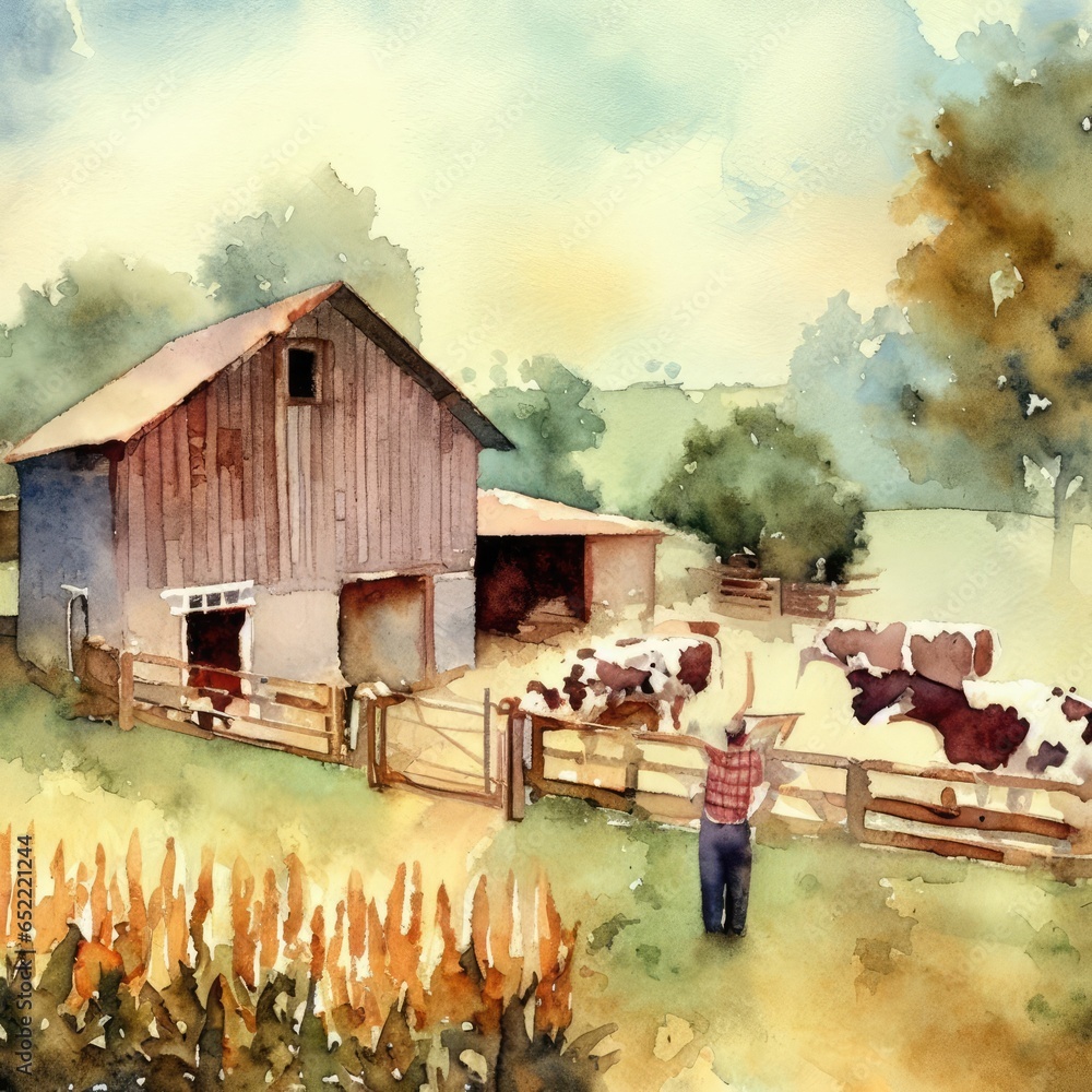 Watercolor landscape of farm animals in creative farm AI design. - obrazy, fototapety, plakaty 