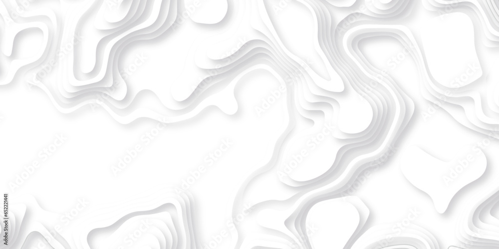 Abstract white paper cut background with lines. Background of the topographic map. White wave paper curved reliefs abstract background. Realistic papercut decoration textured with wavy layers.	
