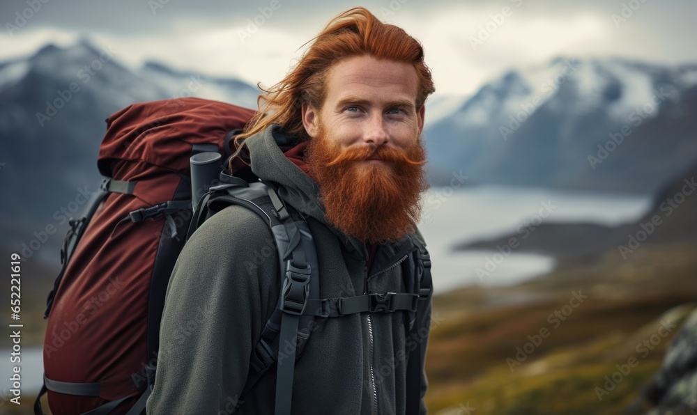 Naklejka premium Autumn hike on mountain. Portrait of handsome bearded nordic red-haired man with backpack, hiker climbs top. Beautiful mountains landscape.