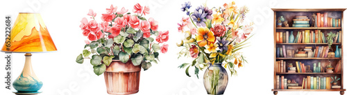 Set of table lamp, flower pot, flower vase, bookcase, watercolor on white background.