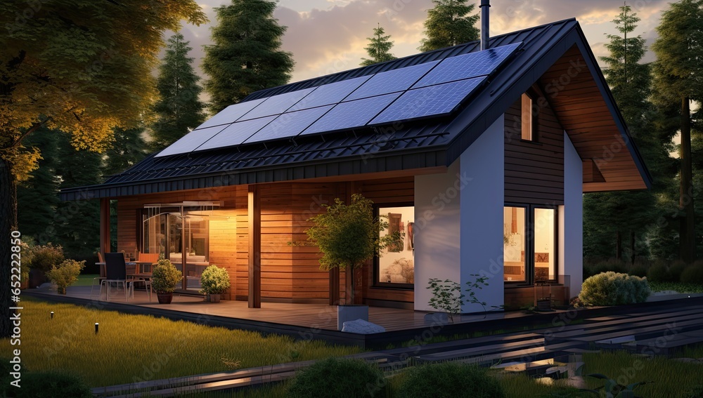 Fototapeta premium Black solar panels on the roof. Beautiful, large modern house and solar energy. Generative AI