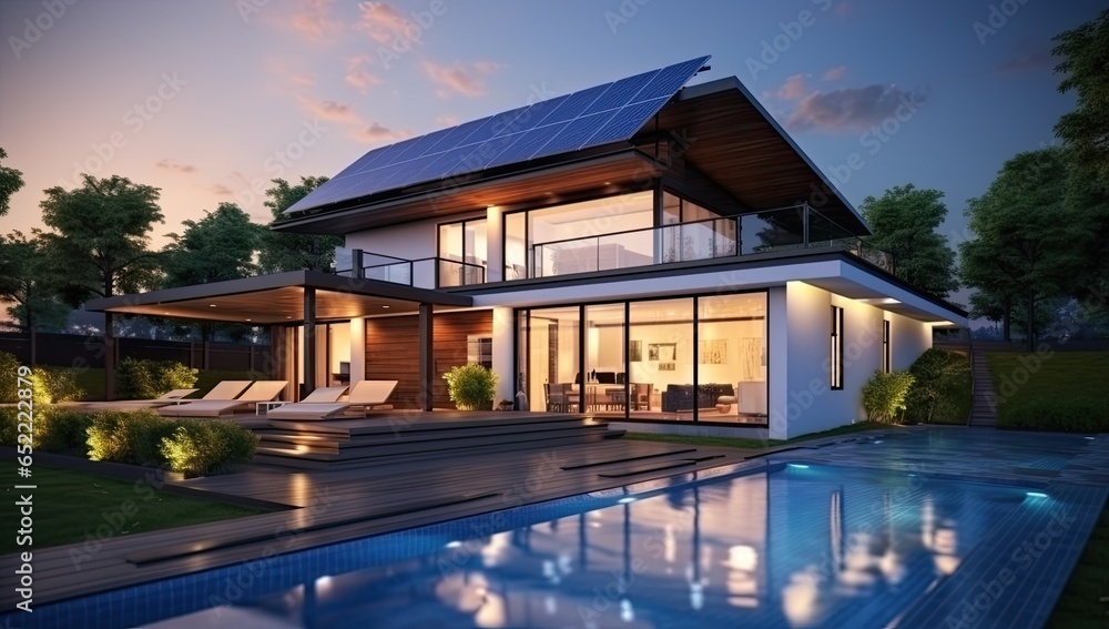 Modern house with solar panels on the roof. Generative AI Modern house with solar panels on the roof. Generative AI