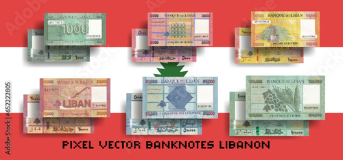 Vector set of mosaic pixelated Lebanon banknotes. Notes in denominations of 1000, 5000, 10000, 20000, 50000 and 100000 pounds, lire or livres. Flyers or play money.